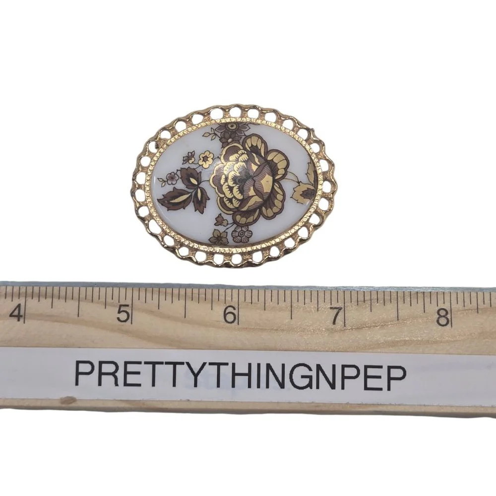 Vintage Cameo Brooch Women's Gold & White Floral Transfer Milk Glass Collectible